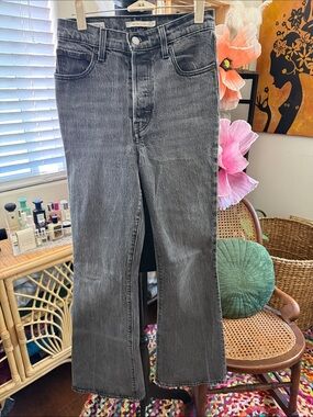 Levi’s Distressed Gray Ribcage Flare Button High Rise Boho Hippie Denim Jeans